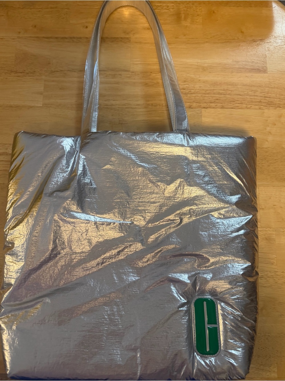 Clinique Shiny Silver Tote with Green Logo Accent